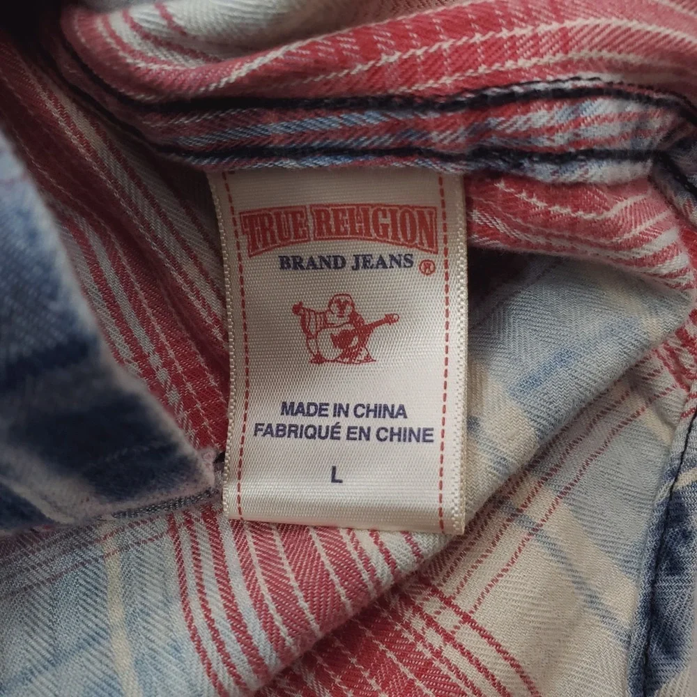 True Religion Shirt Men Large Red White Blue Plaid Western Pearl Snap Y2K Cowboy